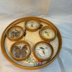1970 Vintage 6 Pc Set Bamboo & Pressed Butterfly Serving Tray and 5 Coasters